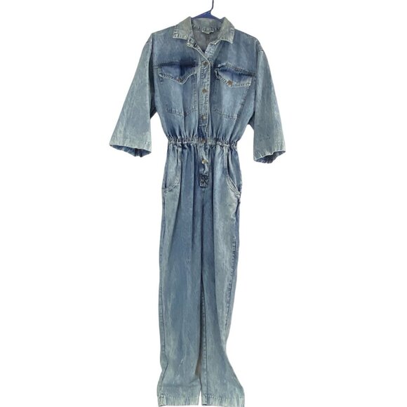 Vtg DREAMS Women Denim Jumpsuit Sz L Blue 80s 90s Snap Front 3/4 Sleeve 92-2 - Picture 2 of 13